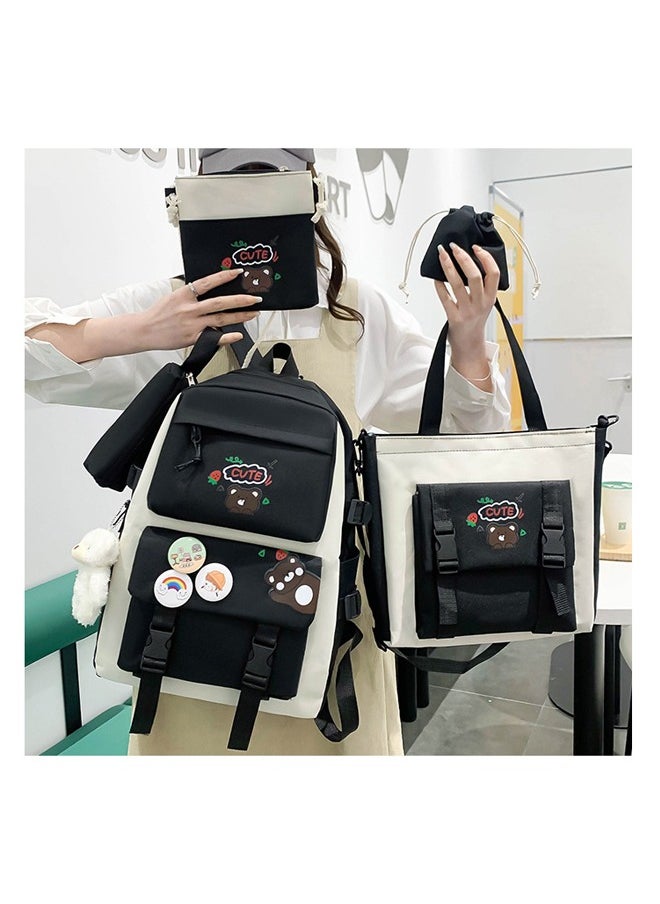 Generic - 5 Pcs adult Backpack School Bags Set Backpacks with Pendant Lunch Bag Pencil Case Handbag Coin Purse for Teen Girls School Backpack（Black） - Image 1