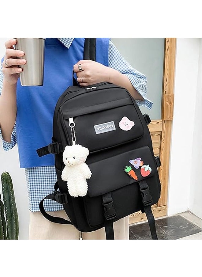 Generic - 5 Pcs adult Backpack School Bags Set Backpacks with Pendant Lunch Bag Pencil Case Handbag Coin Purse for Teen Girls School Backpack（Black） - Image 1
