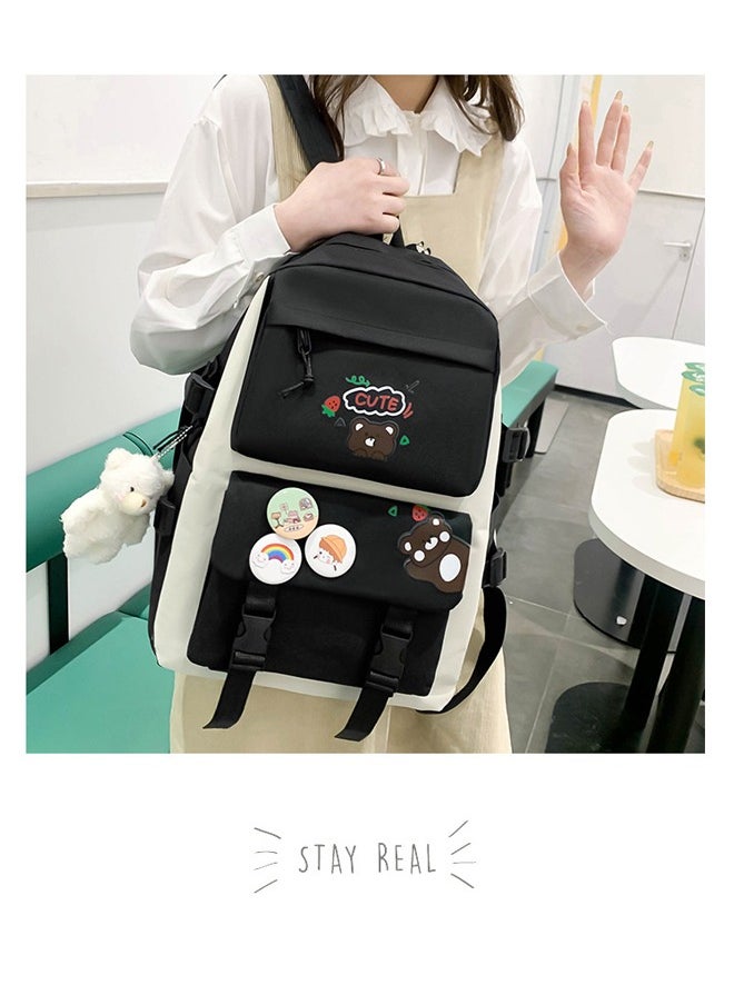 Generic - 5 Pcs adult Backpack School Bags Set Backpacks with Pendant Lunch Bag Pencil Case Handbag Coin Purse for Teen Girls School Backpack（Black） - Image 1