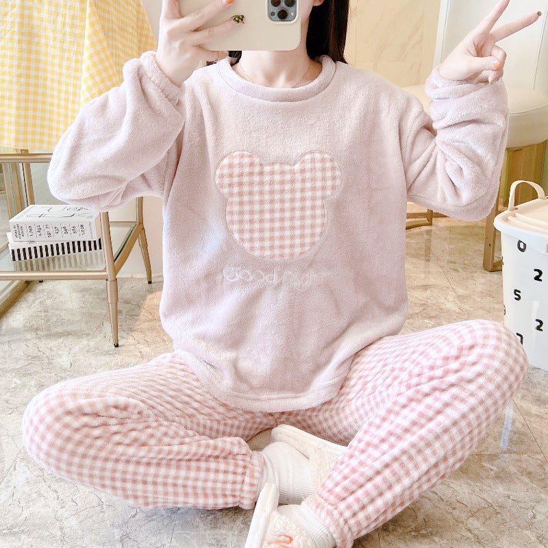 Pajamas autumn and winter womens new flannel round neck pullover casual loose cartoon coral fleece home wear suit Pink plaid Mickey head