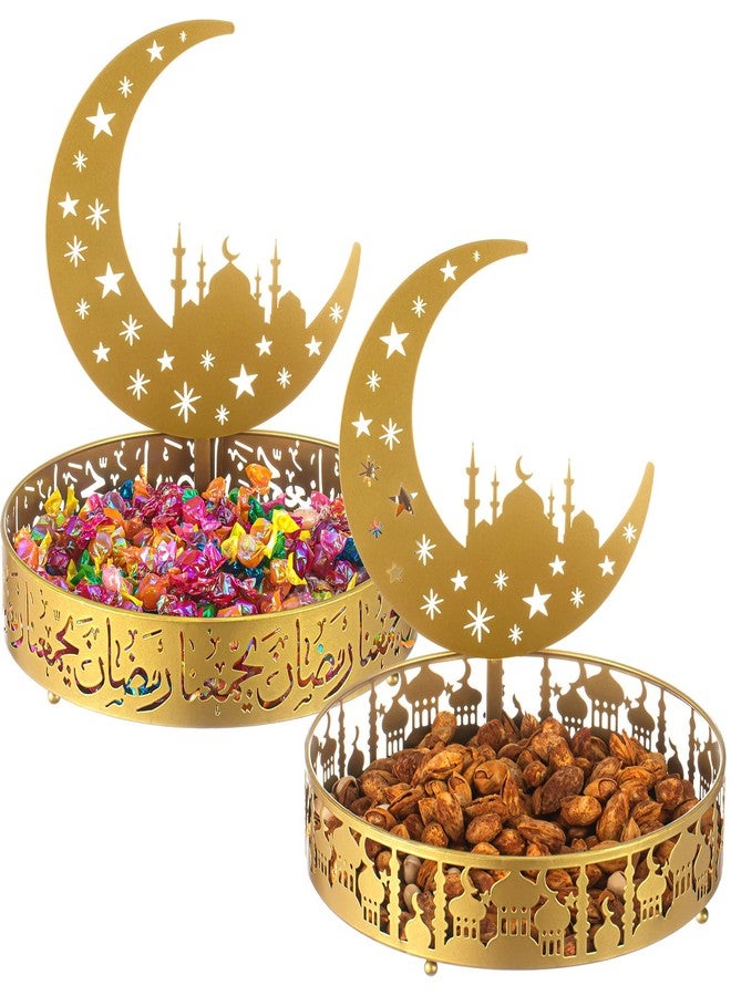 Perthlin 2 Pcs Ramadan Eid Plate Tray Mubarak Moon Dinner Tray Ramadan Serving plate Round Metal Muslim Dessert Trays Food Storage Display Holder for Eid Party Table Centerpiece - Image 1
