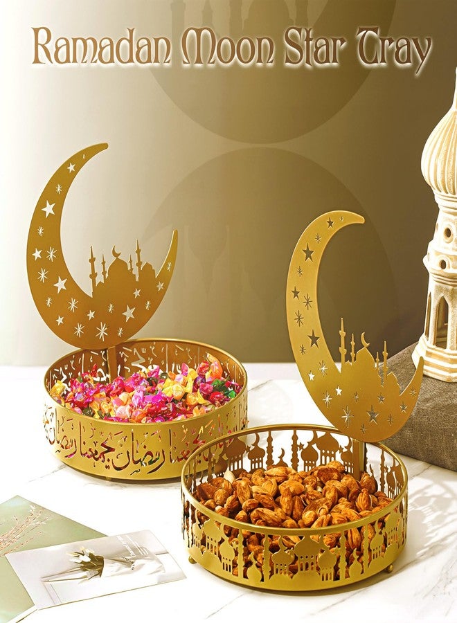 Perthlin 2 Pcs Ramadan Eid Plate Tray Mubarak Moon Dinner Tray Ramadan Serving plate Round Metal Muslim Dessert Trays Food Storage Display Holder for Eid Party Table Centerpiece - Image 3