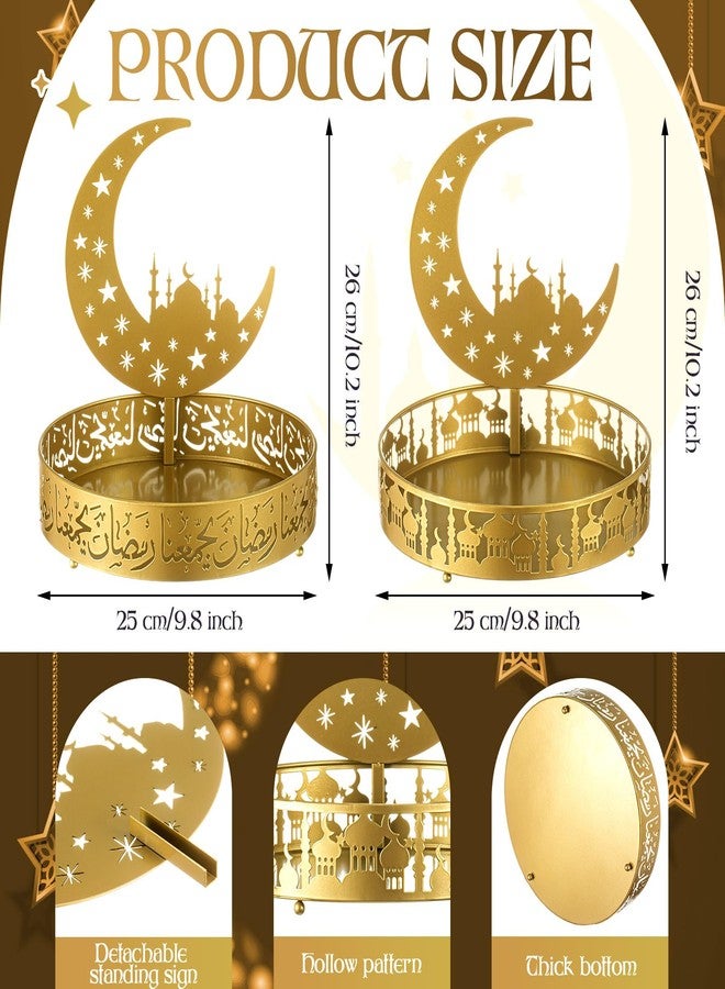 Perthlin 2 Pcs Ramadan Eid Plate Tray Mubarak Moon Dinner Tray Ramadan Serving plate Round Metal Muslim Dessert Trays Food Storage Display Holder for Eid Party Table Centerpiece - Image 2