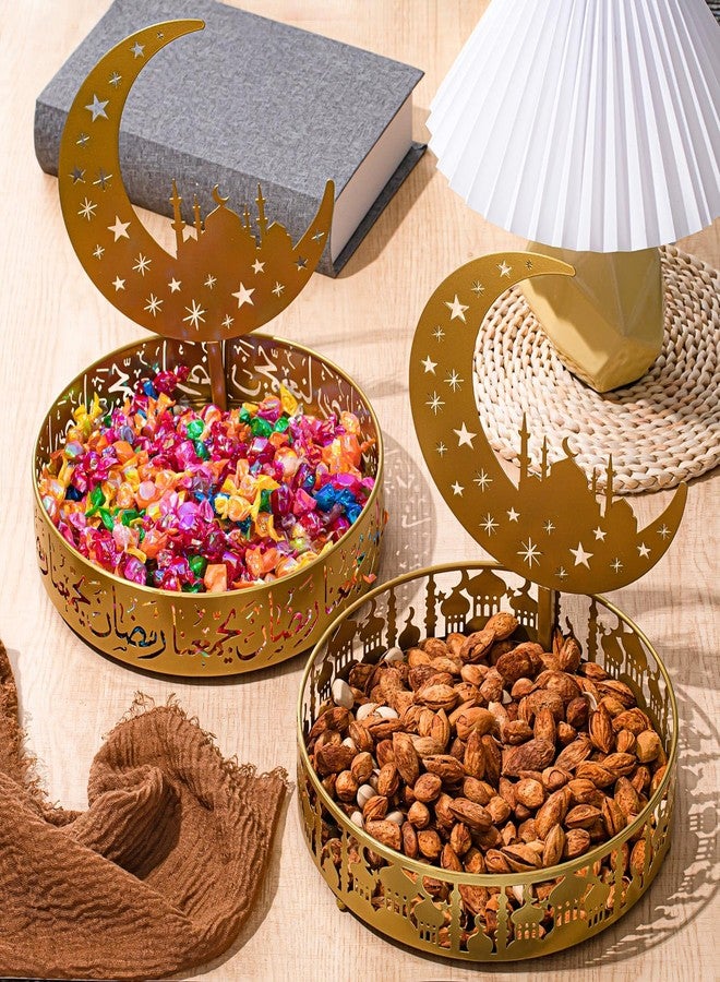 Perthlin 2 Pcs Ramadan Eid Plate Tray Mubarak Moon Dinner Tray Ramadan Serving plate Round Metal Muslim Dessert Trays Food Storage Display Holder for Eid Party Table Centerpiece - Image 5