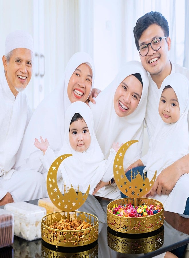 Perthlin 2 Pcs Ramadan Eid Plate Tray Mubarak Moon Dinner Tray Ramadan Serving plate Round Metal Muslim Dessert Trays Food Storage Display Holder for Eid Party Table Centerpiece - Image 4
