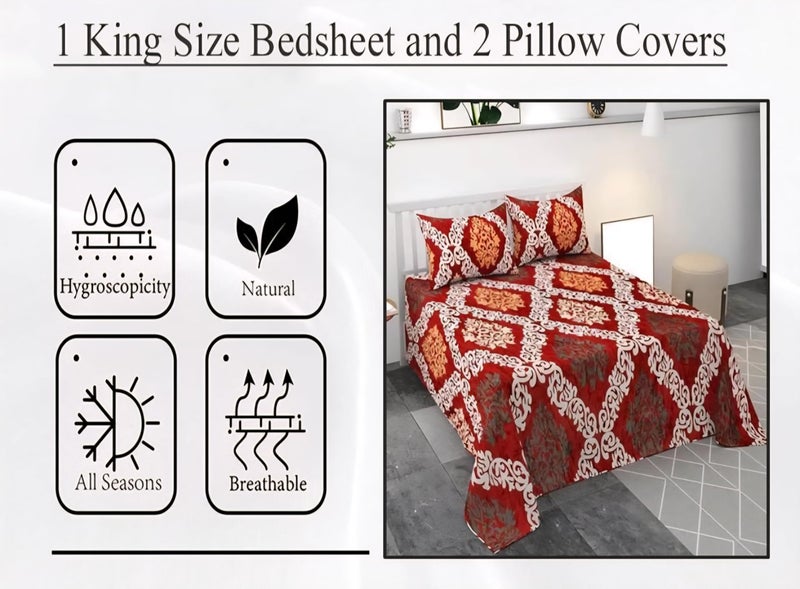 Temoli® King Size Warm Velvet Flannel Flat Bedsheet with 2 Pillow Covers (90x100 Inch) – Soft & Cozy Winter Double Bed Sheet | Zig-Zag Red Design - Image 4