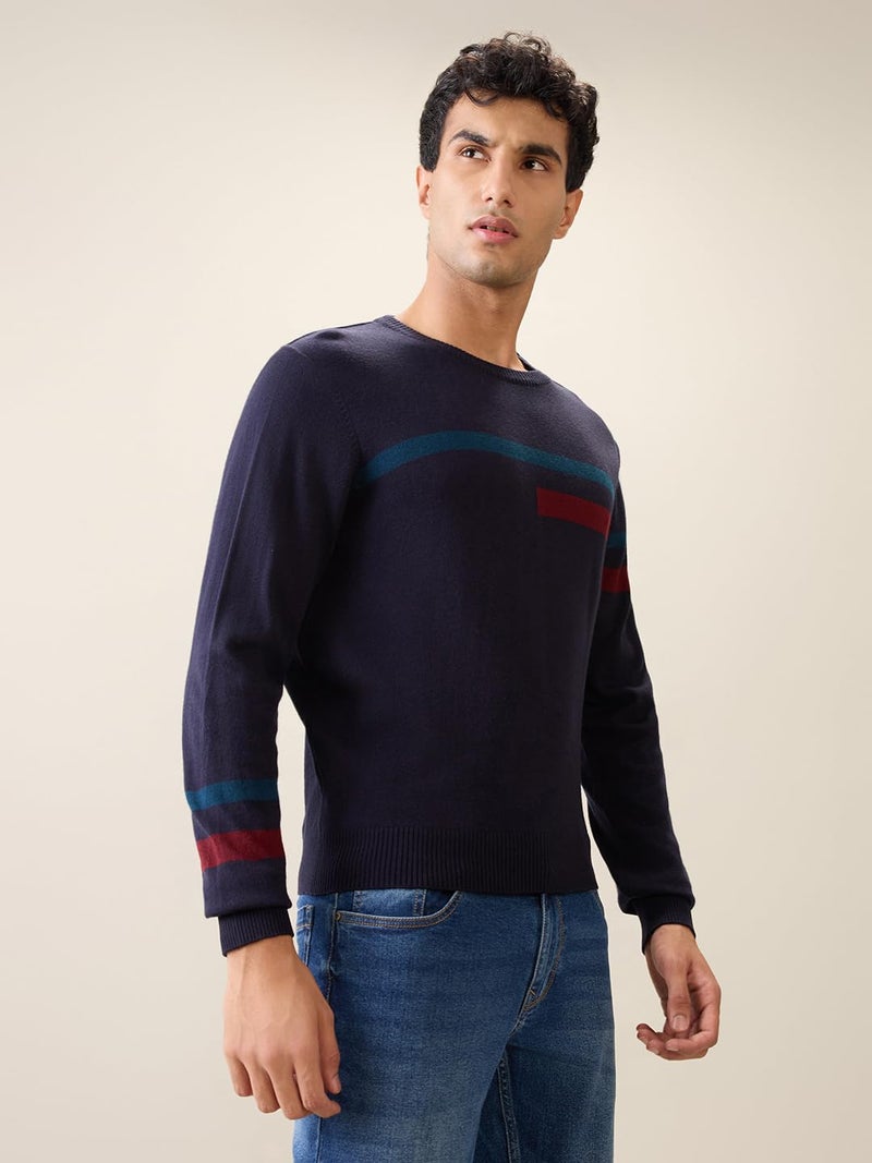 Raymond Men Full Sleeve Regular Fit Stripe Pattern Acrylic Wool Blend Round Neck Casual Sweater Black - Image 3