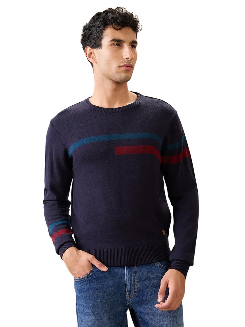 Raymond Men Full Sleeve Regular Fit Stripe Pattern Acrylic Wool Blend Round Neck Casual Sweater Black - Image 1