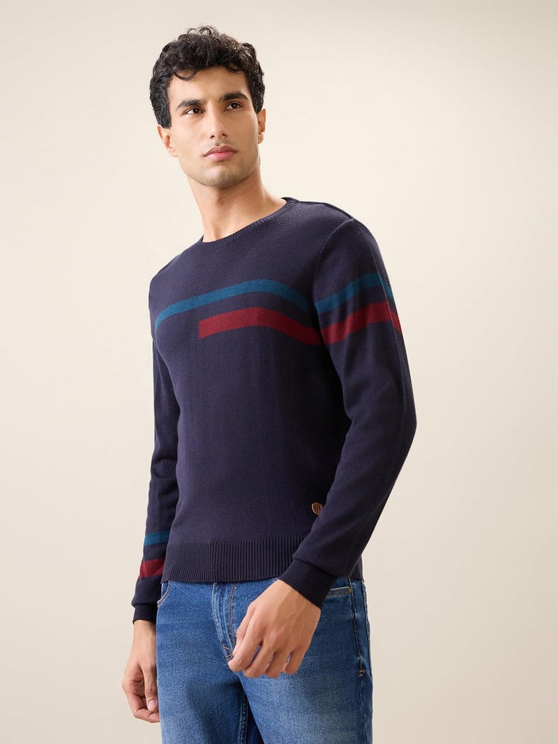 Raymond Men Full Sleeve Regular Fit Stripe Pattern Acrylic Wool Blend Round Neck Casual Sweater Black - Image 2