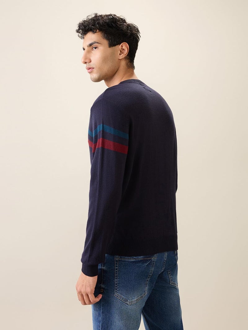 Raymond Men Full Sleeve Regular Fit Stripe Pattern Acrylic Wool Blend Round Neck Casual Sweater Black - Image 4