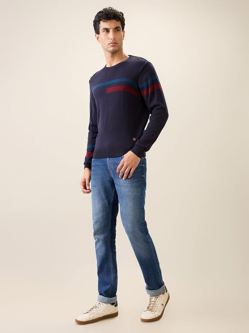 Raymond Men Full Sleeve Regular Fit Stripe Pattern Acrylic Wool Blend Round Neck Casual Sweater Black - Image 5