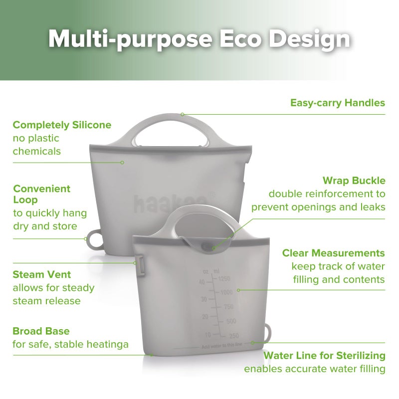 Haakaa On-The-Go Silicone Microwave Steam Sterilizer Bags for Travel, 40oz/1250ml Reusable Silicone Steaming Bags for Baby Bottles, Breast Pump, Accessories, Pacifiers, Teethers,Grey/1PC - Image 5