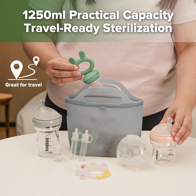 Haakaa On-The-Go Silicone Microwave Steam Sterilizer Bags for Travel, 40oz/1250ml Reusable Silicone Steaming Bags for Baby Bottles, Breast Pump, Accessories, Pacifiers, Teethers,Grey/1PC - Image 3