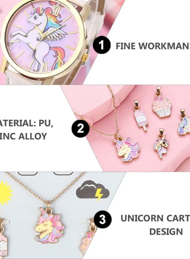 6 Pcs Watch Necklace Set Kids Cartoon Watches Unicorn Watch Cartoon Pendant Necklace Birthday Gift for Children Toddler Baby Girls Little Child- Assorted Color - Image 4