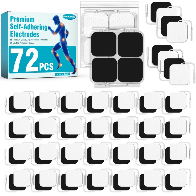 OAKDOLCHE 72PCS TENS Unit Pads (2"x2"), Reusable Self-Adhesive Electrodes Pads with 0.2mm Connector, Latex-Free, Hypoallergenic & Compatible with TENS/EMS - Image 1