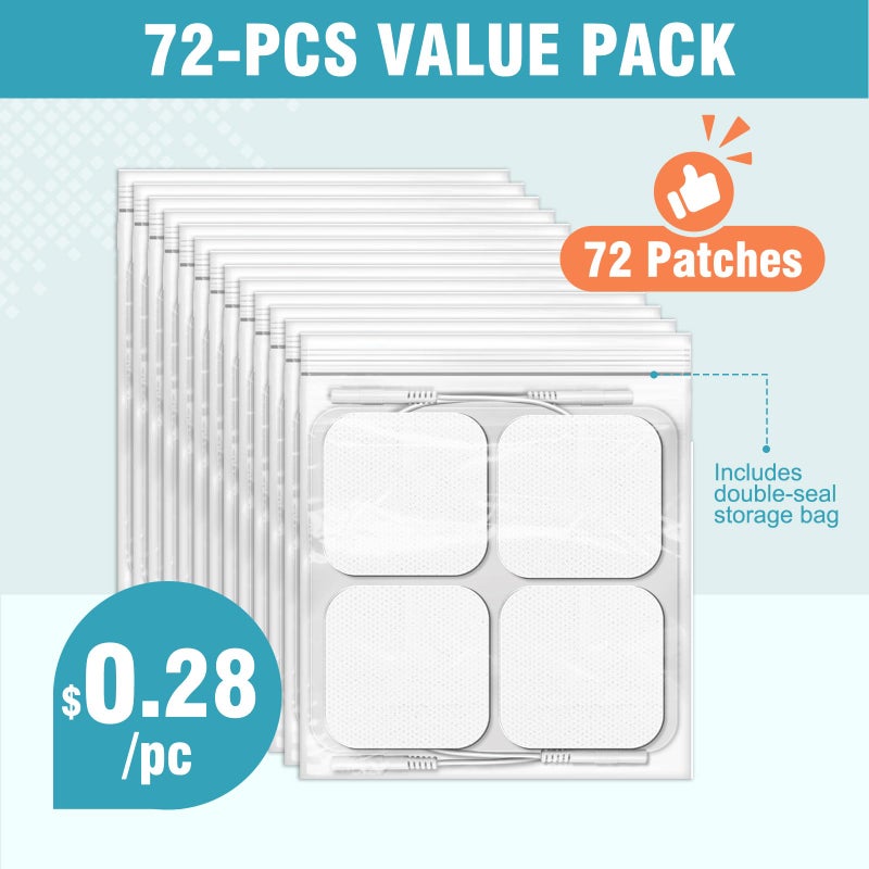 OAKDOLCHE 72PCS TENS Unit Pads (2"x2"), Reusable Self-Adhesive Electrodes Pads with 0.2mm Connector, Latex-Free, Hypoallergenic & Compatible with TENS/EMS - Image 2