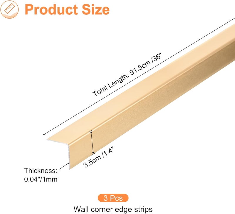 uxcell حماية زوايا الجدران uxcell 3 قطع 354 سم × 0.79 سم حراس زوايا ذاتية اللصق من سبائك الألمنيوم لحماية الحواف باللون الذهبي - Image 2