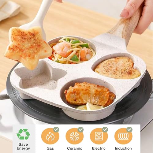 JUSTUP Nonstick 4-Cup Divided Grill Skillet, 7.5 Inch Healthy Granite Egg Frying Pan with Anti-scald Handle, Breakfast Skillet for Eggs, Pancakes, Bacon (White) - Image 3