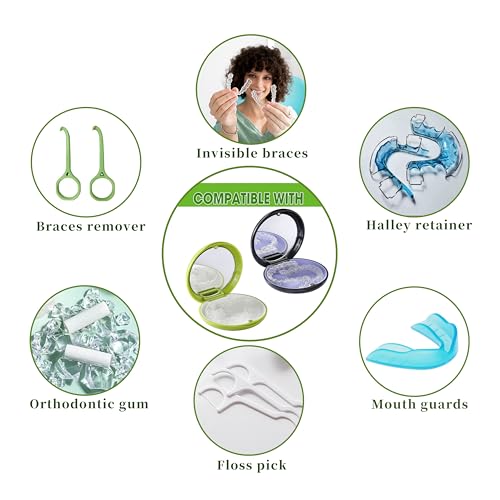 VRUIFA 2 PCS Retainer Cases, Mouth Guard Case with Mirror, Compatible with Invisalign,Retainer Removal Tool, Chewy, and Brush (1PCS Green White+1PCS Black Purple) - Image 4