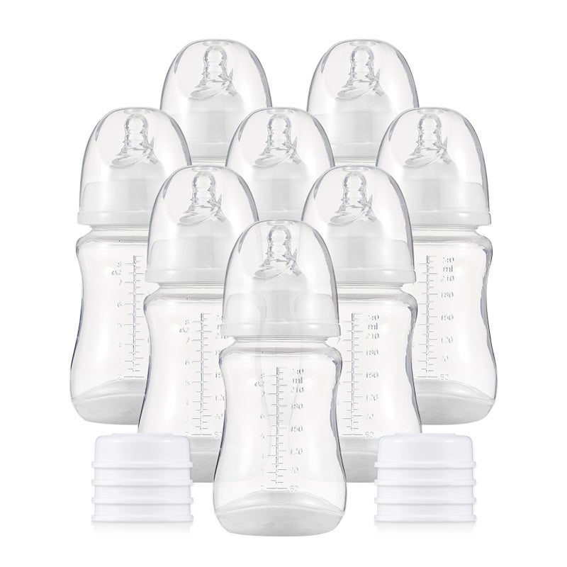 Baby Bottles with Silicone Nipple & Storage Cover Breastfeeding Bottles for Baby Food Grade PP Milk Storage Bottles 240ml Capacity Baby Feeding Bottles Baby Essentials, White & Pack of 8 - Image 1