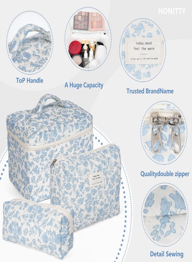 honitty 3 PCS Cotton Quilted Makeup Bag,Cute Cosmetic Bag for Women,Floral Coquette Aesthetic Makeup Bag Set, Travel Toiletry Organizer Bag., Blue-White - Image 3