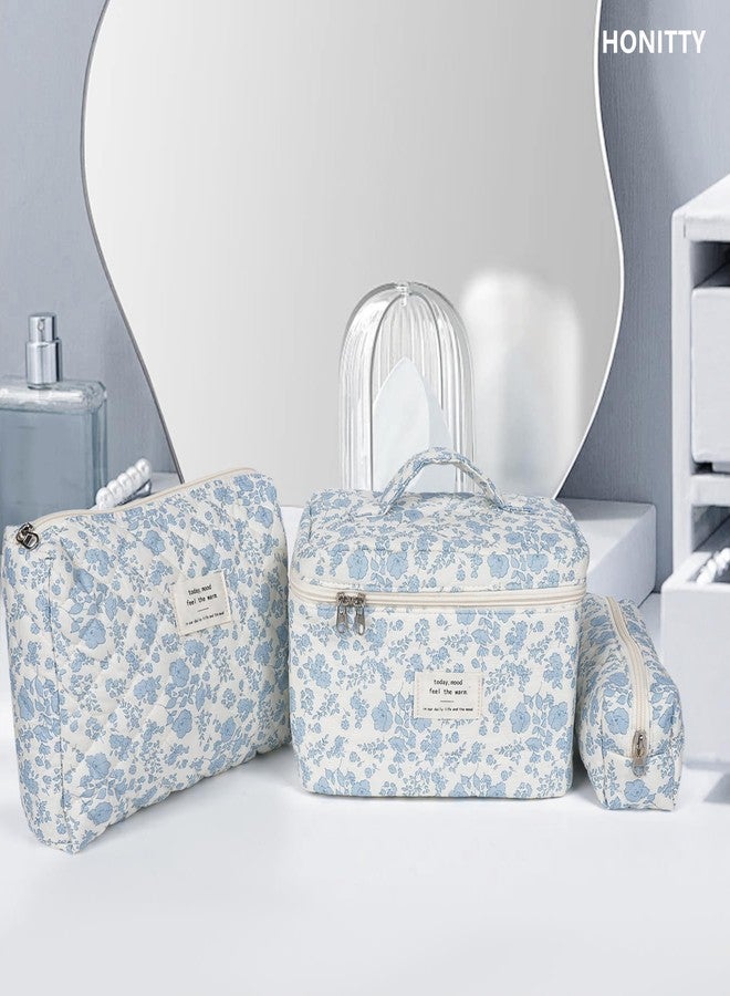honitty 3 PCS Cotton Quilted Makeup Bag,Cute Cosmetic Bag for Women,Floral Coquette Aesthetic Makeup Bag Set, Travel Toiletry Organizer Bag., Blue-White - Image 5