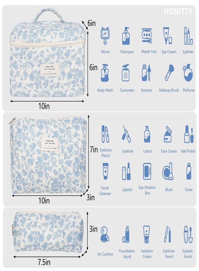 honitty 3 PCS Cotton Quilted Makeup Bag,Cute Cosmetic Bag for Women,Floral Coquette Aesthetic Makeup Bag Set, Travel Toiletry Organizer Bag., Blue-White - Image 2