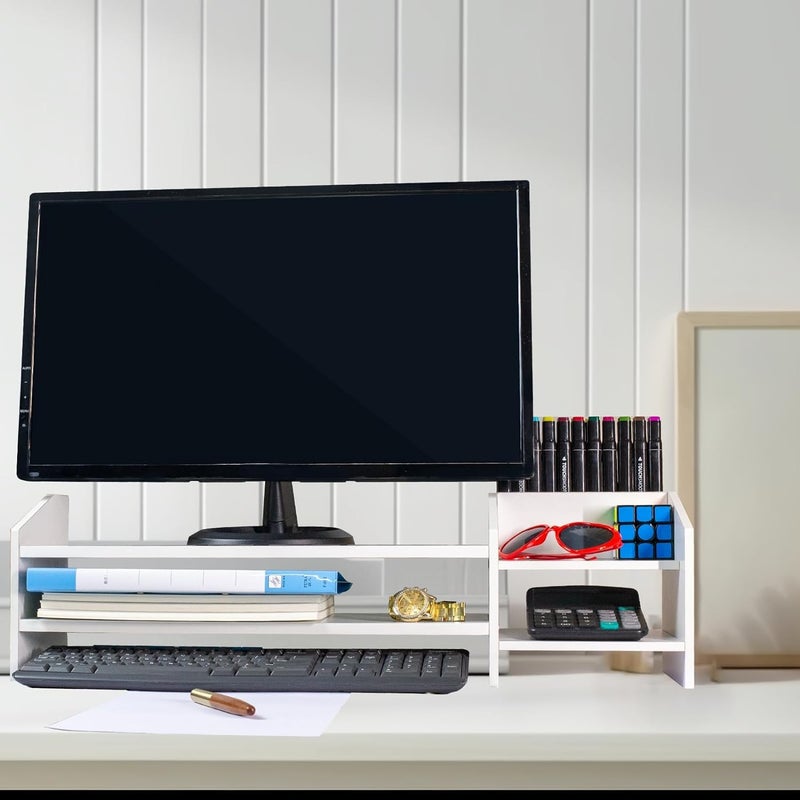 UniShop 2 Tiers MultiPurpose Wood Monitor Riser Stand with Storage Organizer Perfect for Computer Laptop Printer White 683 cm L x 193 cm W x 195 cm H