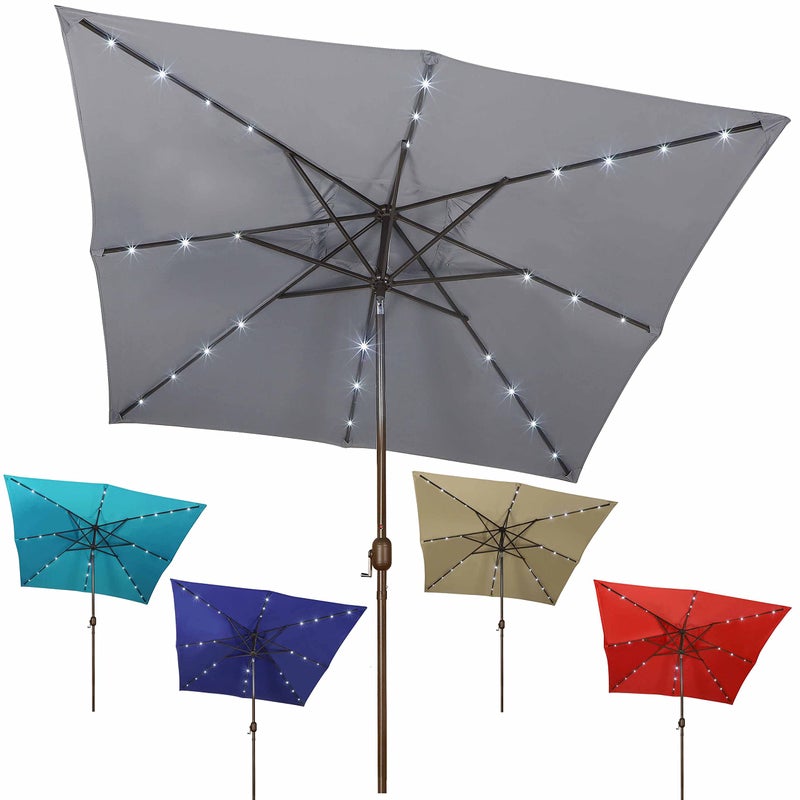 Blissun Square Patio Umbrella with 28 LED Lights, Solar Umbrella Table Market Umbrella with Tilt and Crank Outdoor Umbrella for Garden, Deck, Backyard, Pool and Beach, Dark Grey - Image 1