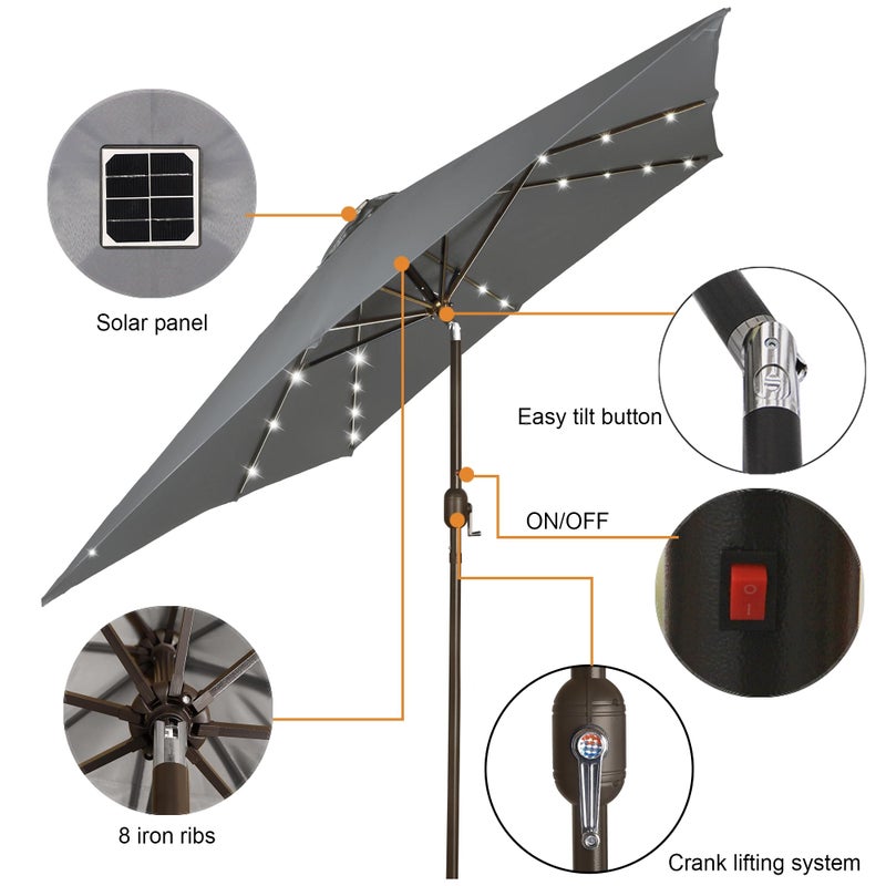Blissun Square Patio Umbrella with 28 LED Lights, Solar Umbrella Table Market Umbrella with Tilt and Crank Outdoor Umbrella for Garden, Deck, Backyard, Pool and Beach, Dark Grey - Image 2