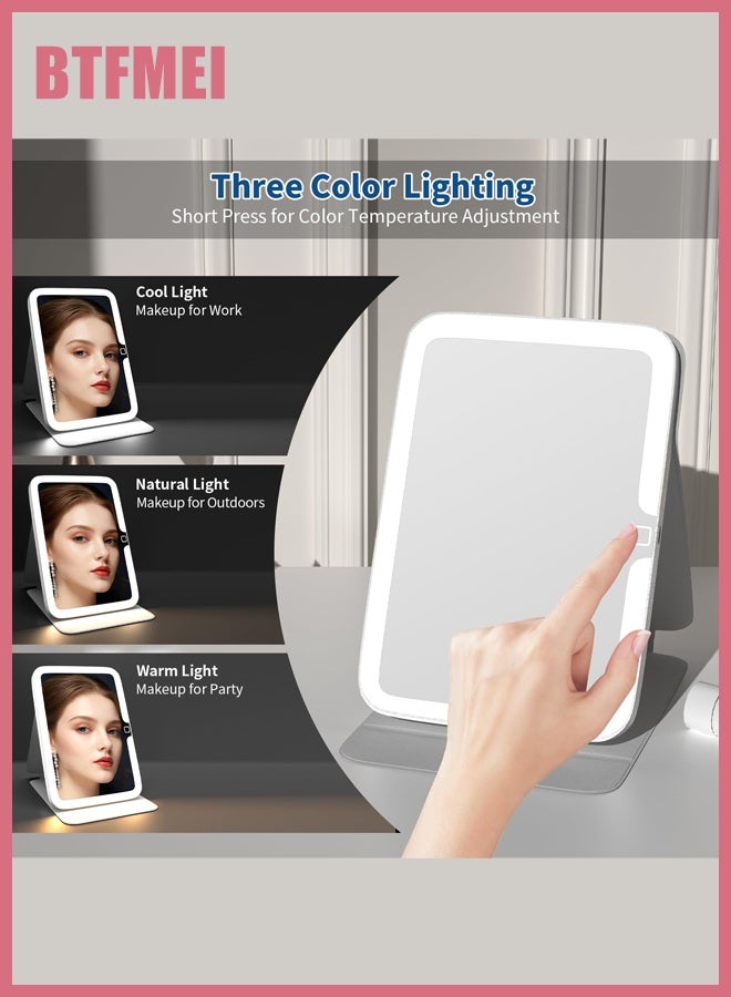بتفمي مرآة مكياج ، مرآة مضاءة ، مرآة مكياج مضاءة LED محمولة ، إضاءة تعمل باللمس قابلة للتعتيم 3 ألوان ، مرآة مستحضرات تجميل قابلة للطي قابلة للطي قابلة لإعادة الشحن USB للمكتب ، مرآة مستحضرات التجميل للسفر - أبيض - Image 2