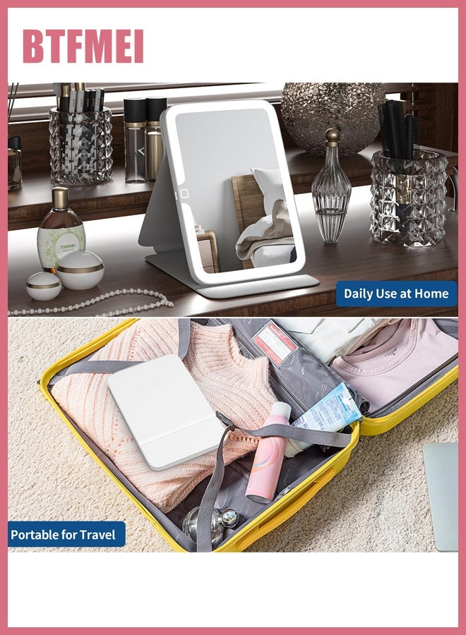 بتفمي مرآة مكياج ، مرآة مضاءة ، مرآة مكياج مضاءة LED محمولة ، إضاءة تعمل باللمس قابلة للتعتيم 3 ألوان ، مرآة مستحضرات تجميل قابلة للطي قابلة للطي قابلة لإعادة الشحن USB للمكتب ، مرآة مستحضرات التجميل للسفر - أبيض - Image 4