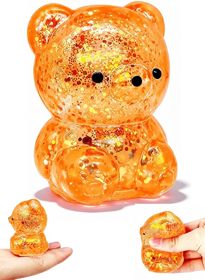 Gummy Bear Squishy Stress Ball for Adults, Sensory Fidget Toy, Orange Glitter - Image 1