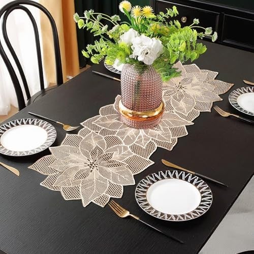 Wings Star Flower Shape Design Soft PVC Table Runner for Dining Table with Waterproof, Heat Resistant, Easy to Clean, Non-Slip Surface, (Pack of 1 Size- 92cm X 36cm - Gold RN02) - Image 1