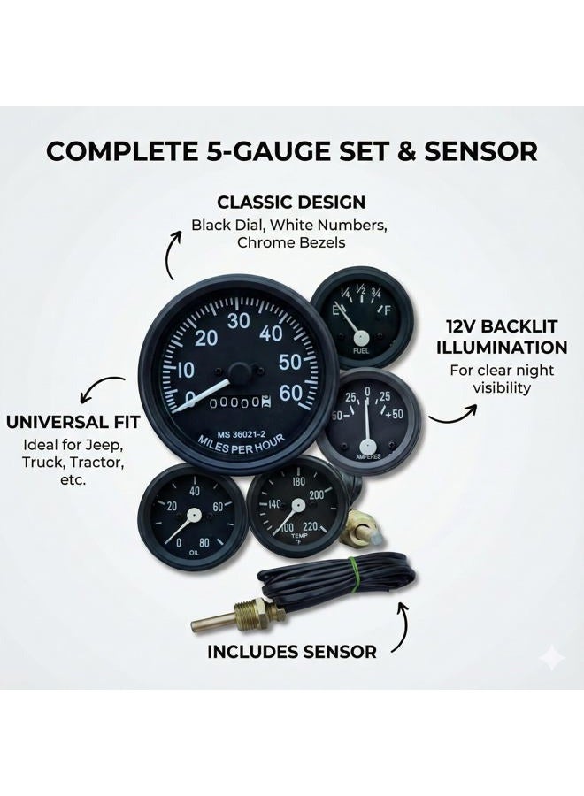 VR Autopedia Gauge Set for Willys Jeeps FD Speedometer Assembly 0-60 MPH Fits- 1946-1964 CJ-2A, 3A, 3B, M38, M38A1, MB GPW CJ2A CJ3A, CJ3B Millitary Trucks & Jeeps | GPW Black Bezels by VR Autopedia - Image 2