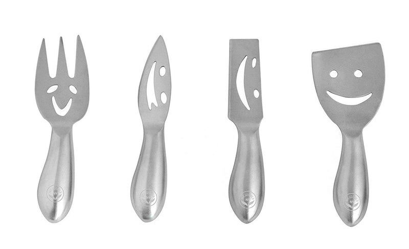 NewlineNY Stainless Steel 4 Pieces Smiling Faces Cheese Knife Set Hard and Soft Cheese Knives Serving Fork  Cheese Spreader