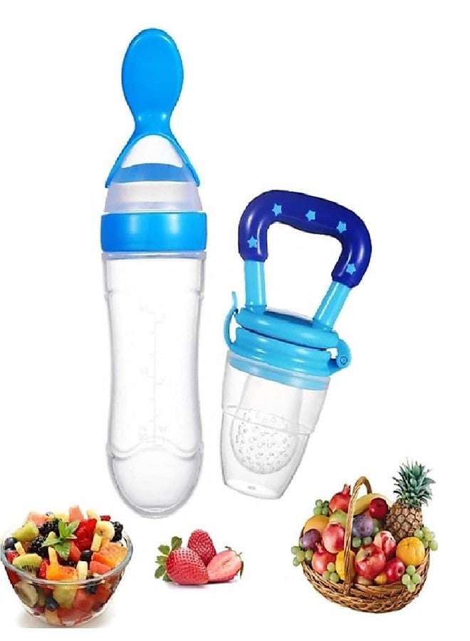 Chopchi Silicone Fruit Nibbler Pacifier 1 Pcs with 1 pcs Spoon Feeder Bottle for Infant Baby for 6+ Month Baby (2 Piece Combo Set-Blue) - Image 1