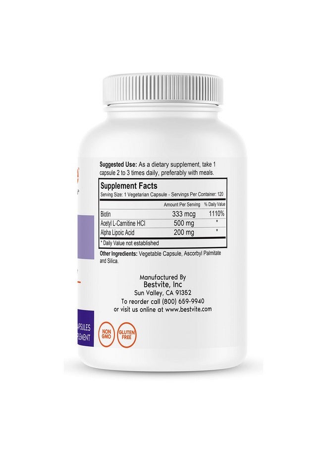 BESTVITE - Acetyl Lcarnitine 500Mg & Alpha Lipoic Acid 200Mg Per Capsule With Biotin (120 Vegetarian Capsules) No Stearates Vegan Non Gmo Gluten Free - Image 1