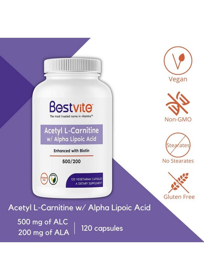 BESTVITE - Acetyl Lcarnitine 500Mg & Alpha Lipoic Acid 200Mg Per Capsule With Biotin (120 Vegetarian Capsules) No Stearates Vegan Non Gmo Gluten Free - Image 1