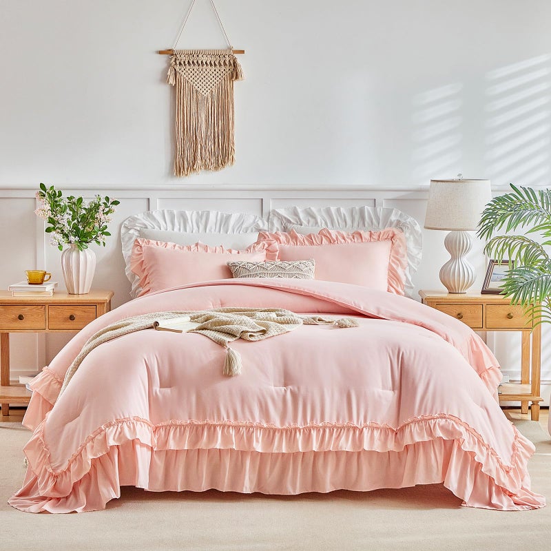 Flysheep Pink Ruffle Comforter Set Twin Size, 3 Pieces Vintage Farmhouse Shabby Chic Comforters, Solid Color Lightweight Soft Fluffy Bedding Sets for Girls (1 Ruffled Comforter + 2 Pillow Shams) - Image 2