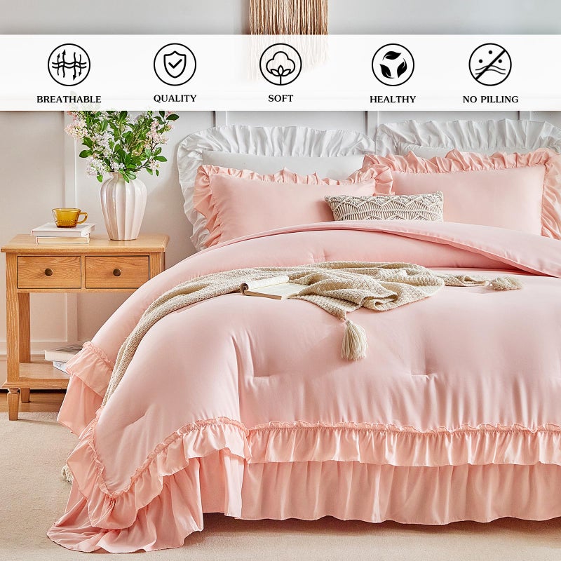 Flysheep Pink Ruffle Comforter Set Twin Size, 3 Pieces Vintage Farmhouse Shabby Chic Comforters, Solid Color Lightweight Soft Fluffy Bedding Sets for Girls (1 Ruffled Comforter + 2 Pillow Shams) - Image 3