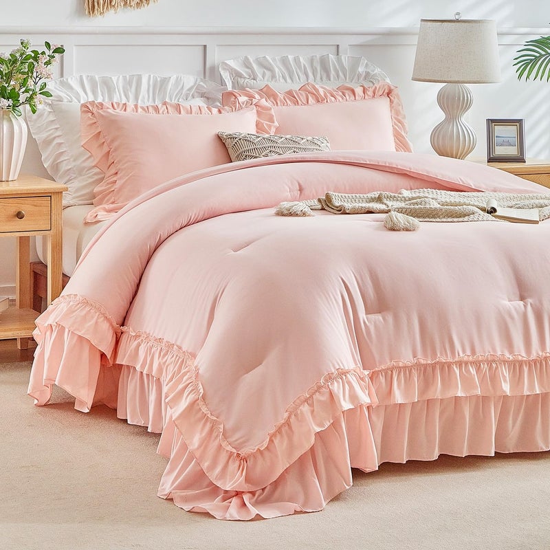 Flysheep Pink Ruffle Comforter Set Twin Size, 3 Pieces Vintage Farmhouse Shabby Chic Comforters, Solid Color Lightweight Soft Fluffy Bedding Sets for Girls (1 Ruffled Comforter + 2 Pillow Shams) - Image 1