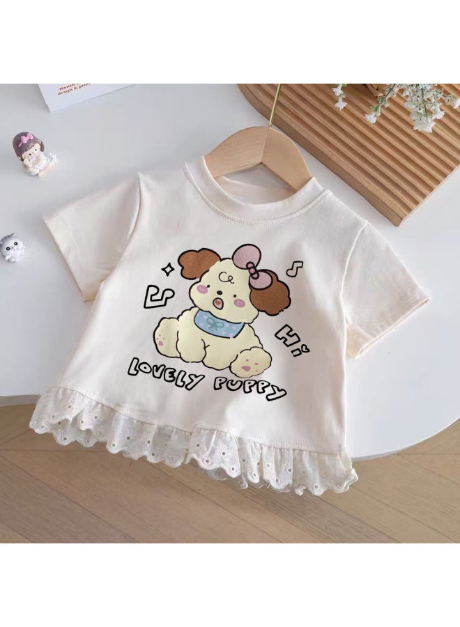 Girls Summer Short-sleeved New Style Kidsren's Printed  Cartoon Lace Versatile Tops Baby T-shirt Trendy