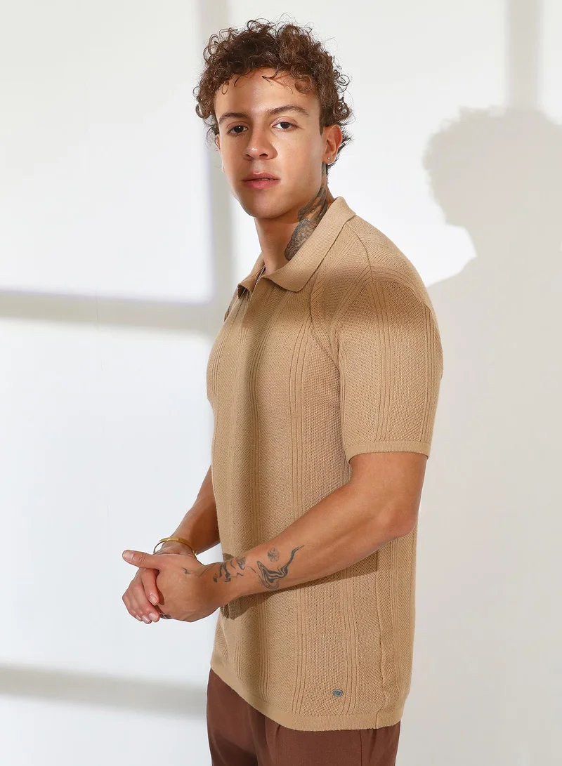 Campus Sutra Men's Camel Beige Stripe-Knit Polo T-Shirt
