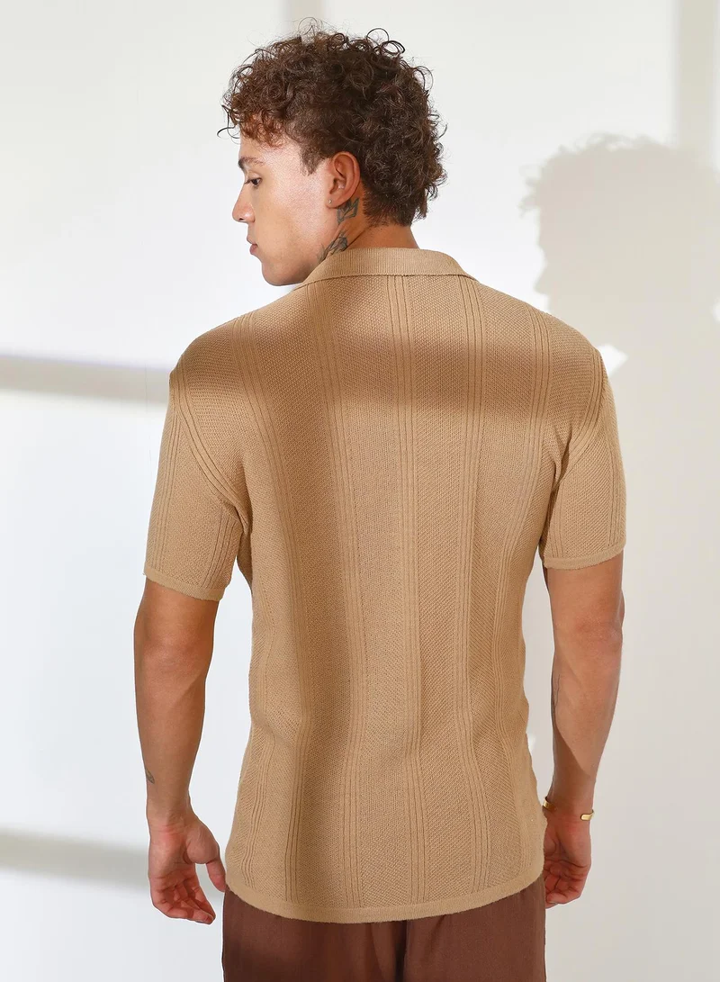 Campus Sutra Men's Camel Beige Stripe-Knit Polo T-Shirt