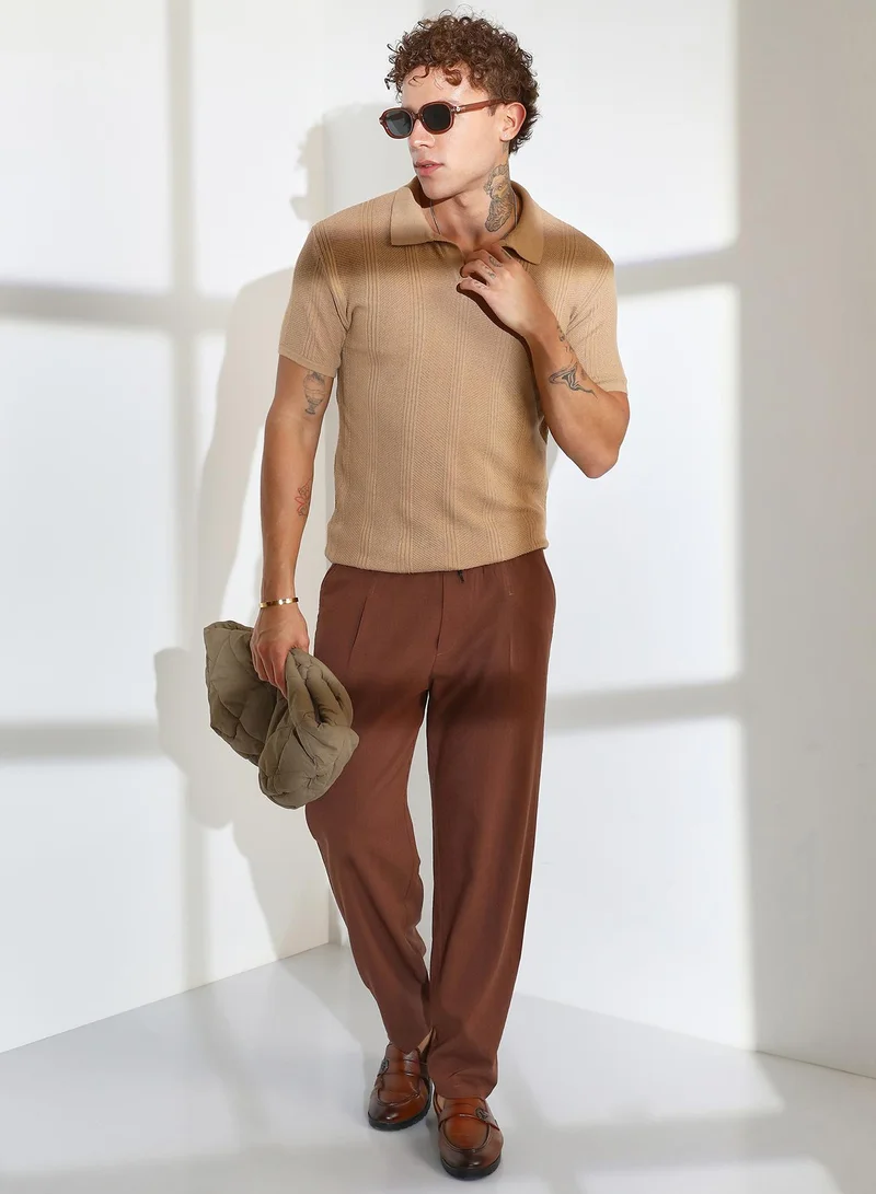 Campus Sutra Men's Camel Beige Stripe-Knit Polo T-Shirt