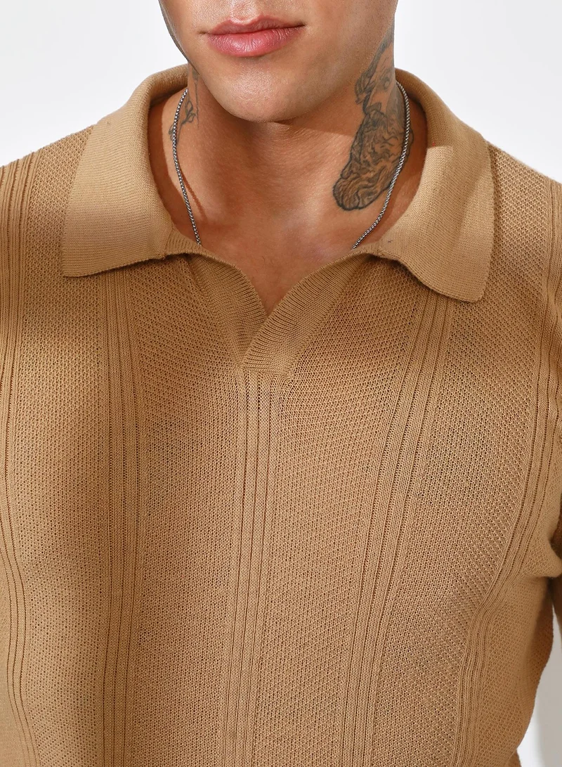 Campus Sutra Men's Camel Beige Stripe-Knit Polo T-Shirt