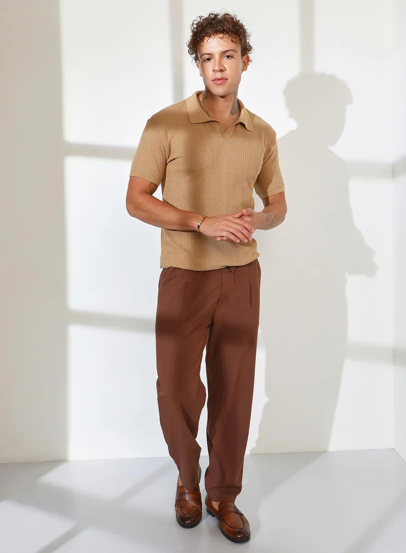 Campus Sutra Men's Camel Beige Stripe-Knit Polo T-Shirt