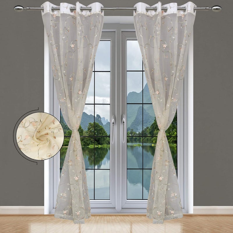 JVIN FAB Three Peach Balls Beautiful Transparent Embroidery Eyelet Grommet Polyester Door Curtains 7 Feet Single Piece Ivory Made in India 9P7 - Image 3