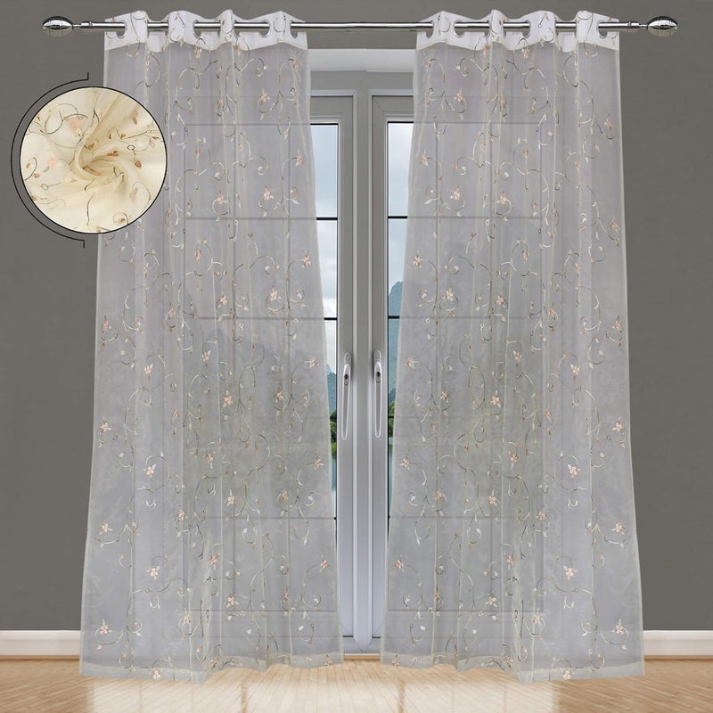 JVIN FAB Three Peach Balls Beautiful Transparent Embroidery Eyelet Grommet Polyester Door Curtains 7 Feet Single Piece Ivory Made in India 9P7 - Image 2